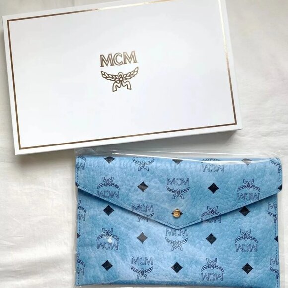 MCM Handbags - New MCM GWP Sky Blue Logo Viesto Envelope Bag/Clutch w/Box. Fits a phone!